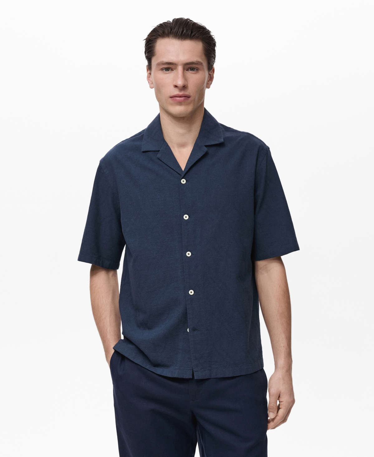 Men's Embroidered Bowling Collar Shirt - Dark Navy