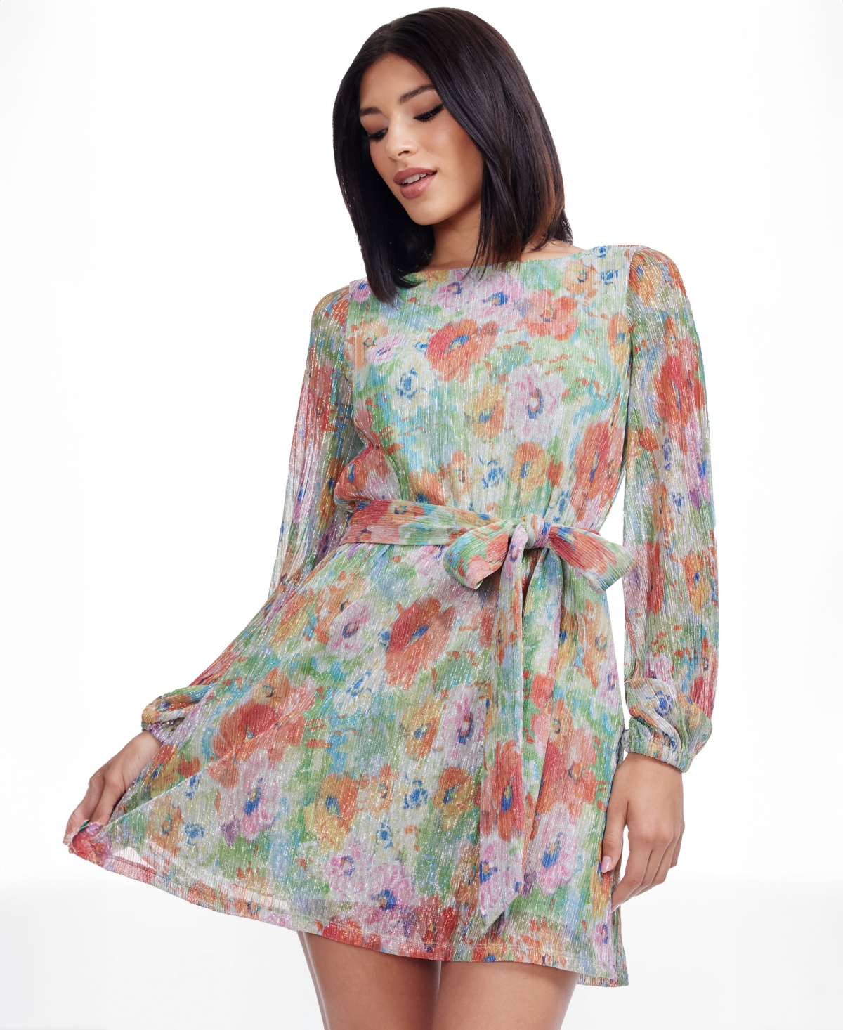 Dress The Population Kirsi Metallic Floral Long Sleeve Cocktail Minidress In Gray