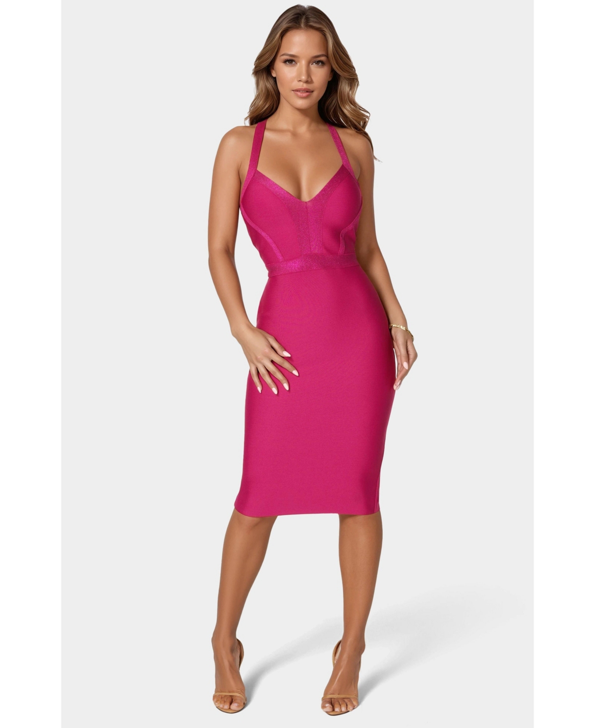 Women's Bandage Lurex Halter Dress - Pink