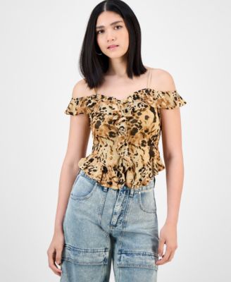 Bar III - Women's Printed Cold-Shoulder Ruffle-Trim Mesh Top