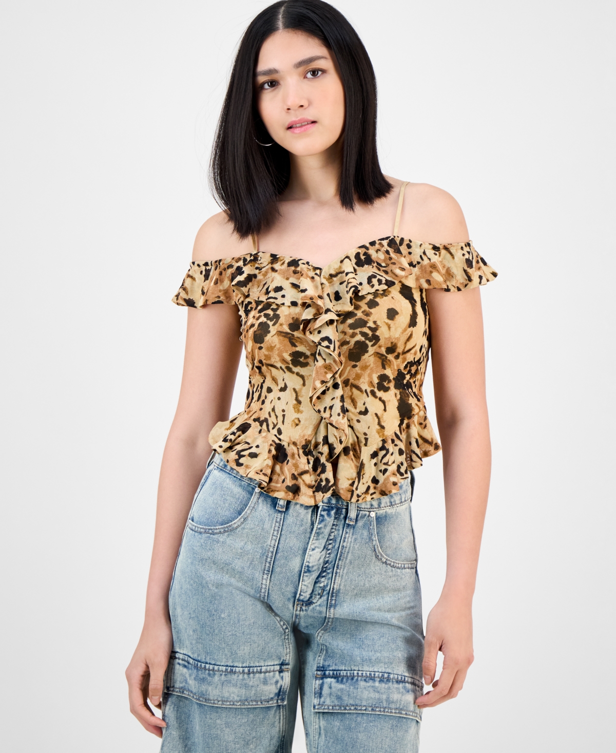 Women's Printed Cold-Shoulder Ruffle-Trim Mesh Top, Exclusively at Macy's - Marble Leopard