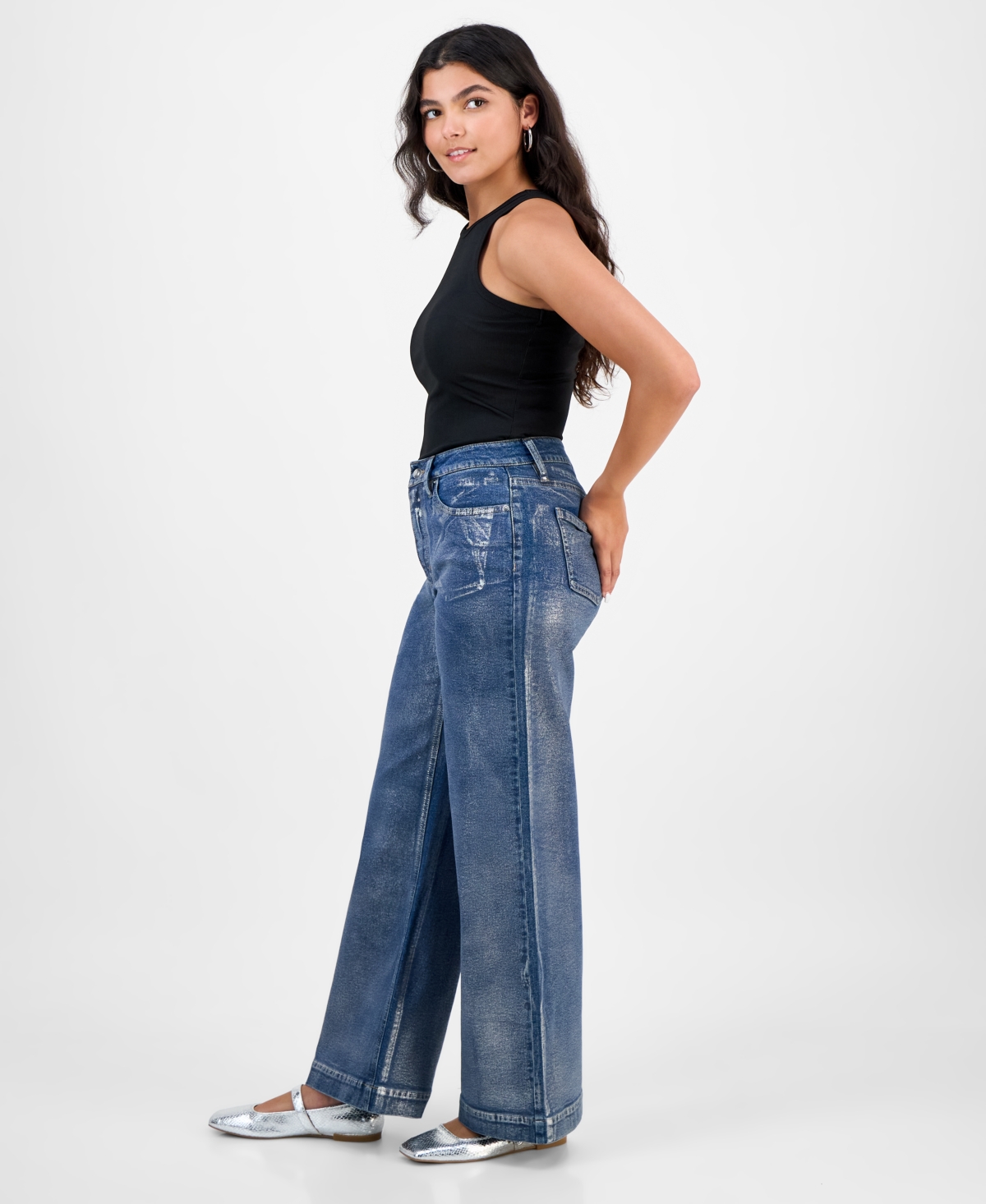Bar Iii Women's High Rise Metallic Wide-leg Jeans, Macy's Exclusive In Blue