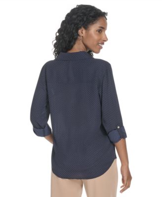 Women's Slim-Fit Pin-Dot Roll-Tab-Sleeve Shirt