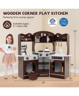 Corner Wooden Play Kitchen with Coffee Machine and Slide for Kids
