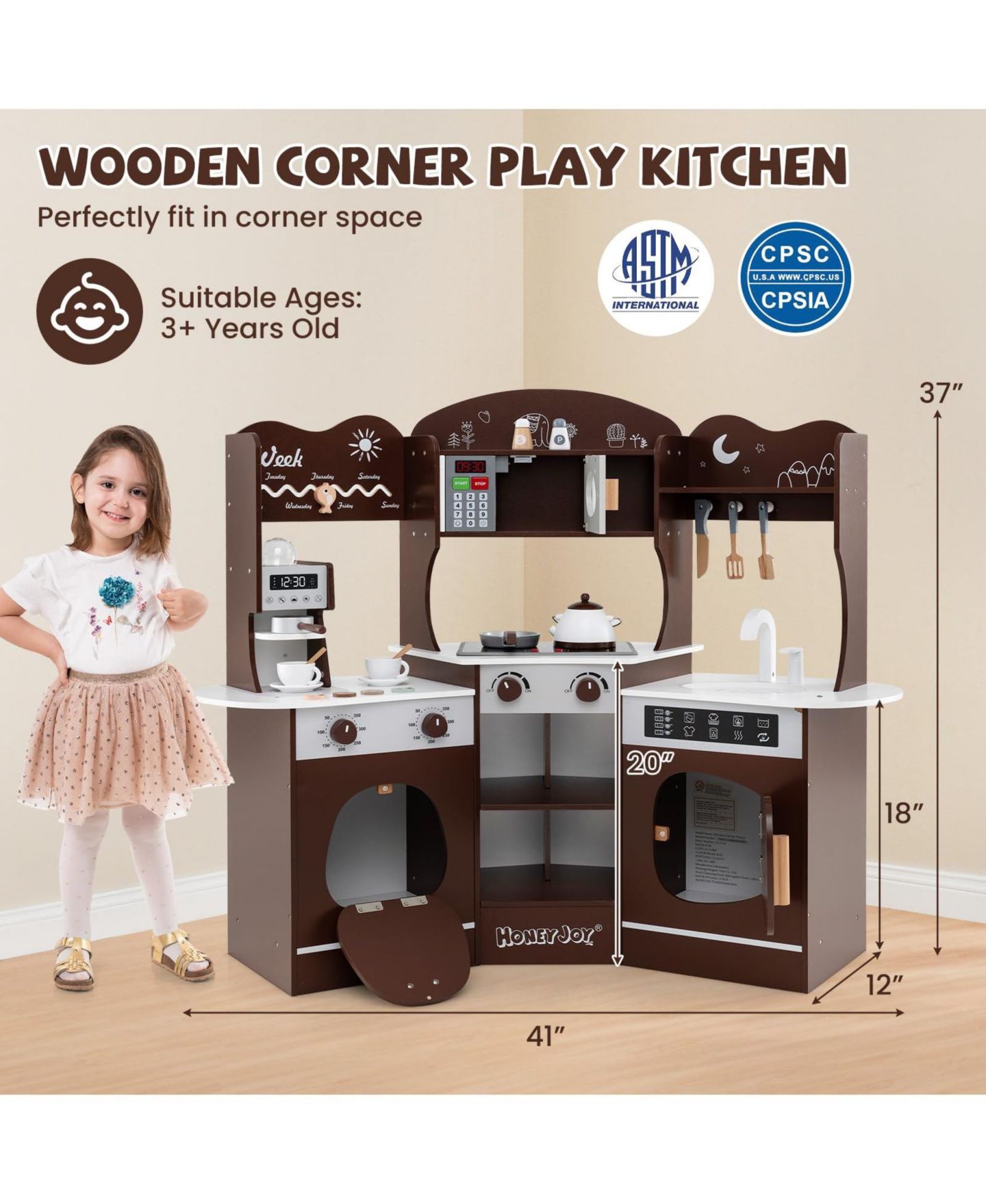 Детская игрушка Mecale Coffee Machine Corner Play Kitchen with Lights and Sounds, Ages 3+, цвет: Коричневый — фото 3