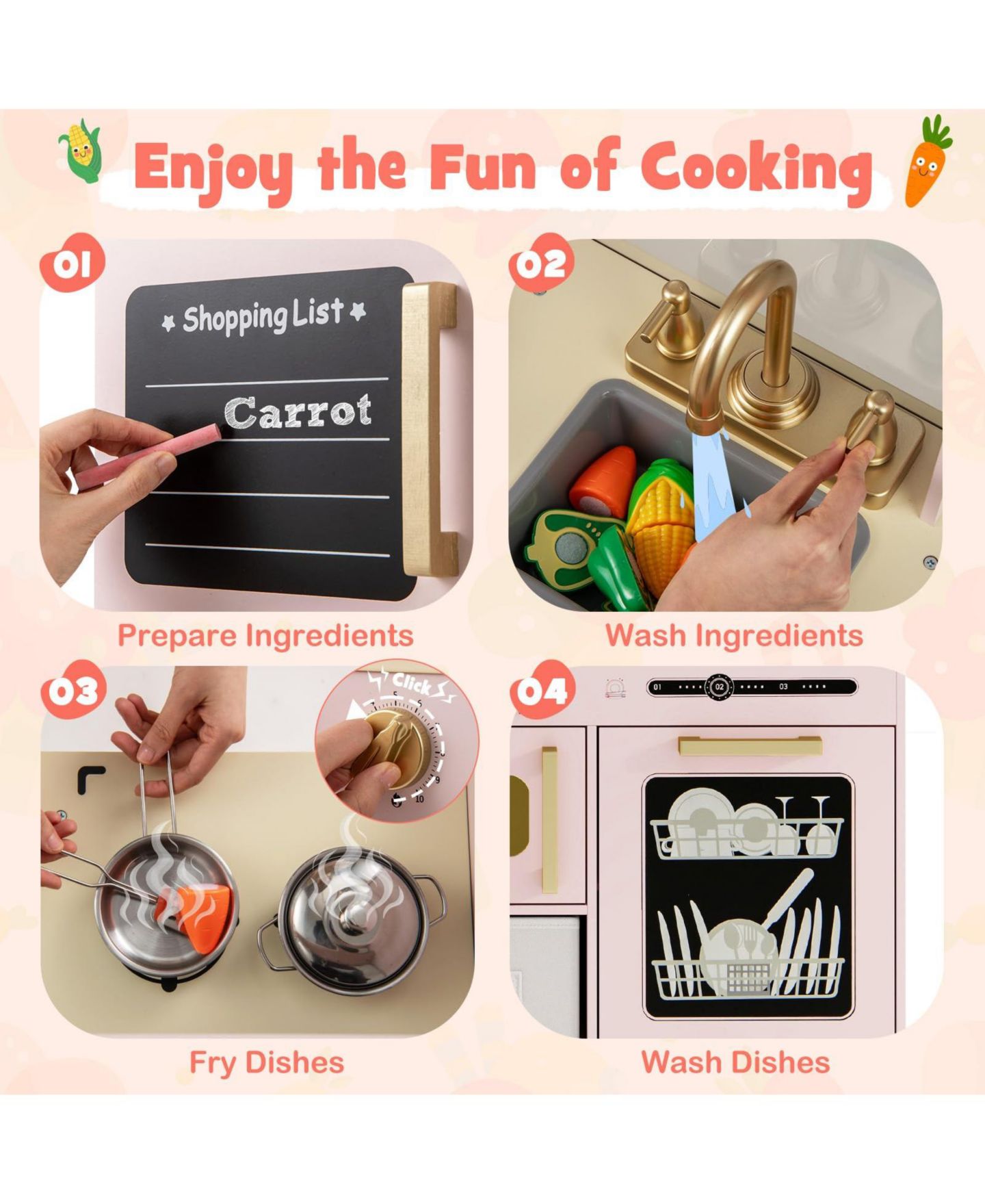 Детская игрушка Mecale Wooden Play Kitchen with Light-Up Microwave, Ice Maker, and Chalkboard, Ages 3+, цвет: Розовый — фото 4