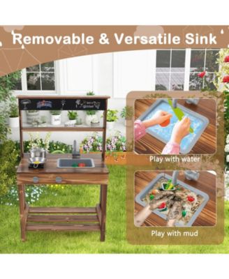 Mud Kitchen Fir Wood Play Kitchen with 4 Panting Pots Faucet Removable Sink