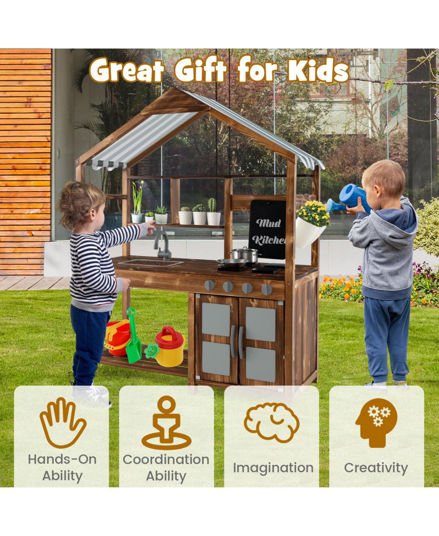 Детская игрушка Mecale Kid's Mud Kitchen Outdoor Solid Wood Mud Kitchen with Canopy, цвет: Натуральный — фото 9