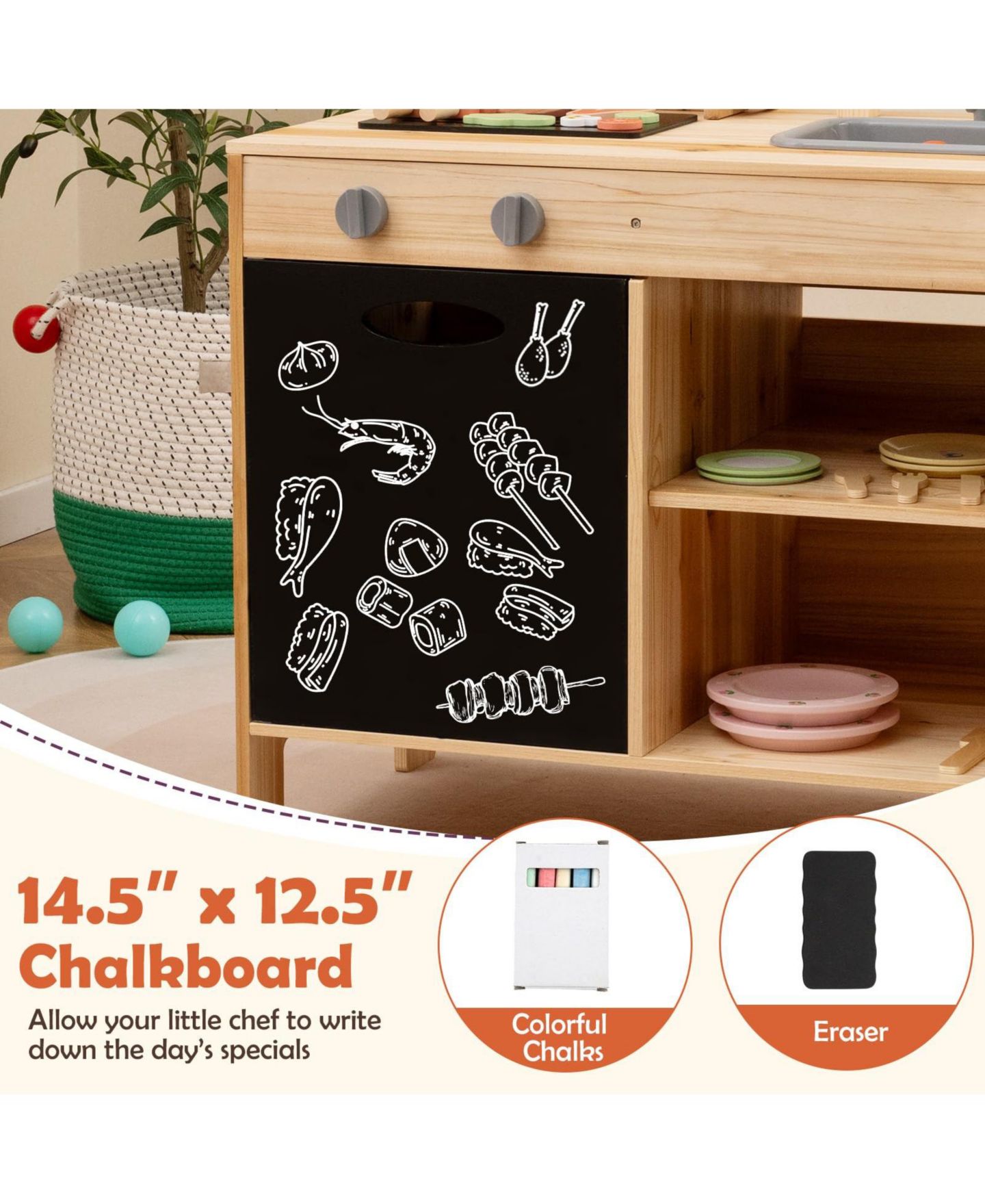 Детский игровой набор Mecale Wooden Barbecue Grill Playset with Chalkboard and Removable Sink, Ages 3+, цвет: Натуральный — фото 8