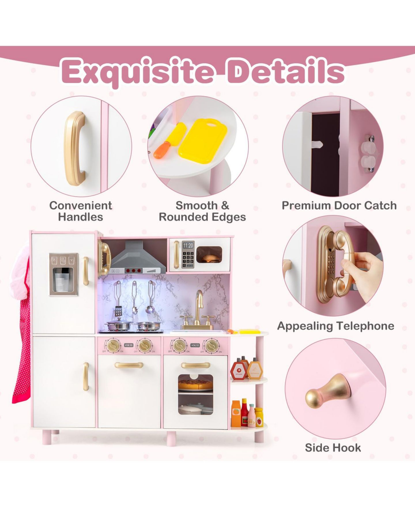 Детский игровой набор Mecale Wooden Kitchen Playset with Lights and Sounds, Ages 3+, цвет: Розовый — фото 8