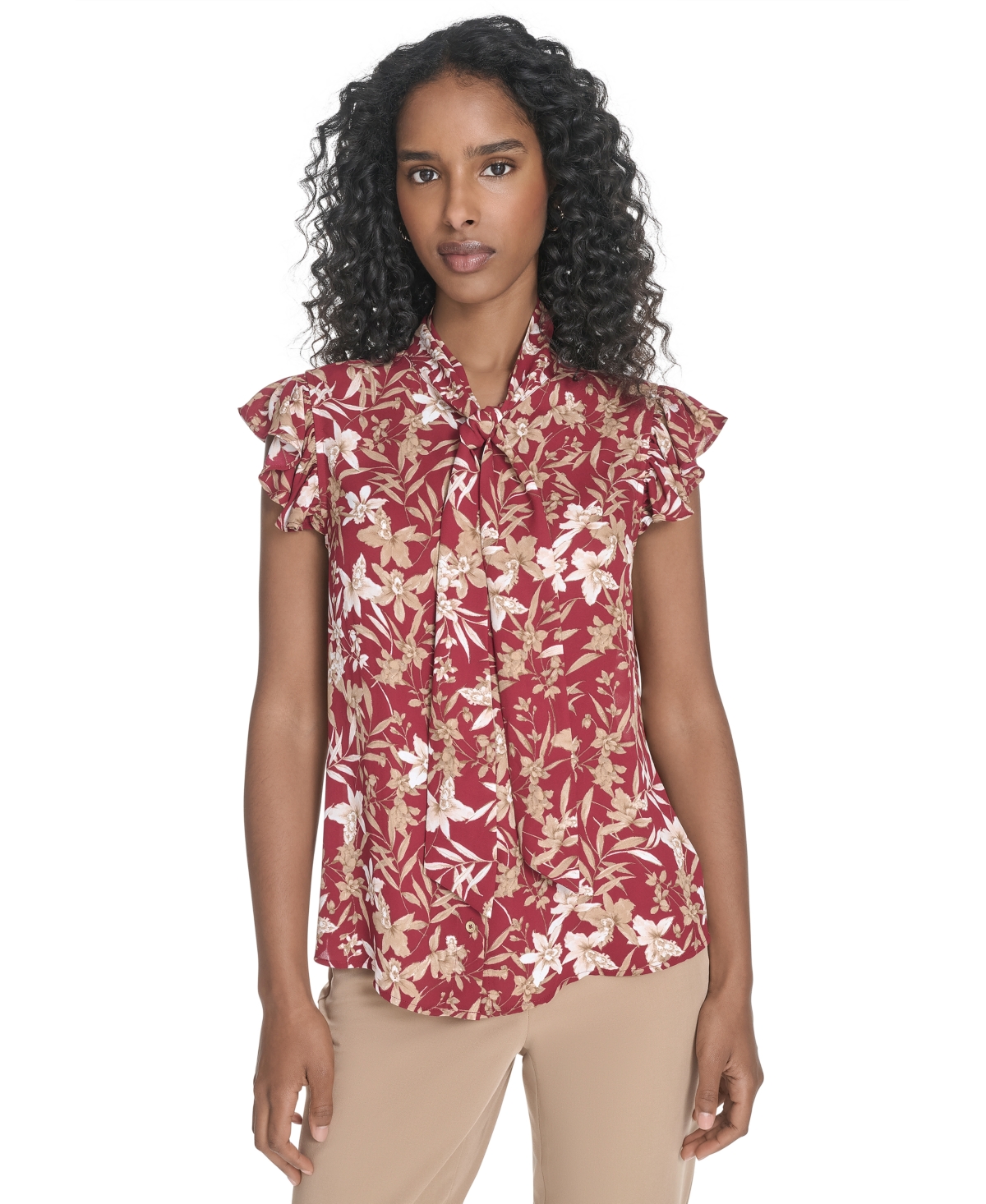 Women's Ruffled Floral Bow Blouse - Crimson/ Tigers Eye