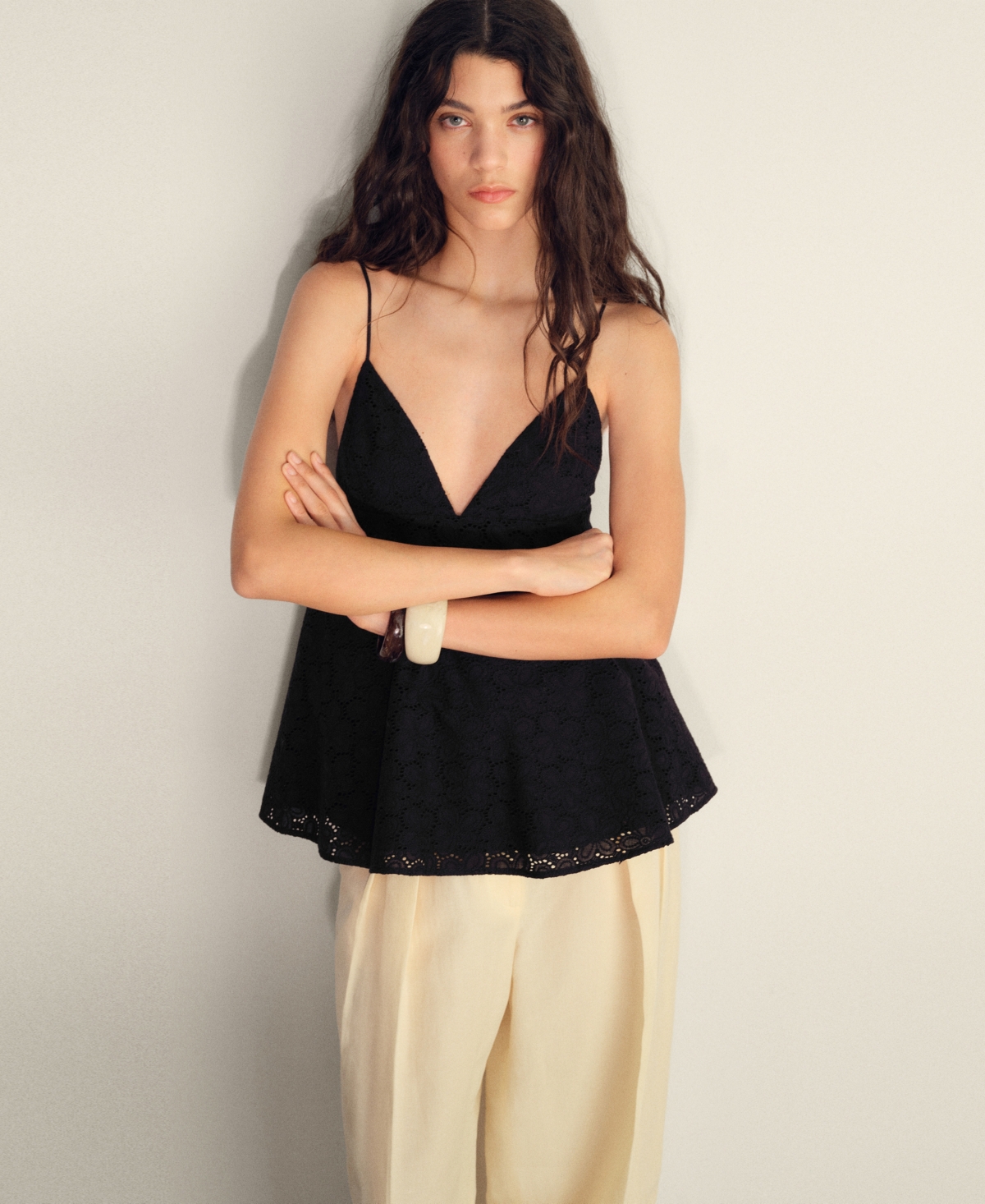 Mango Zlata Eyelet Babydoll Camisole In Black