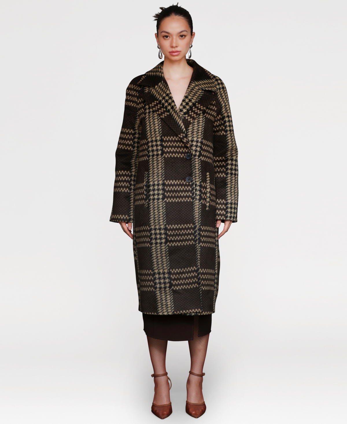 Avec Les Filles Plaid Belted Coat In Brown