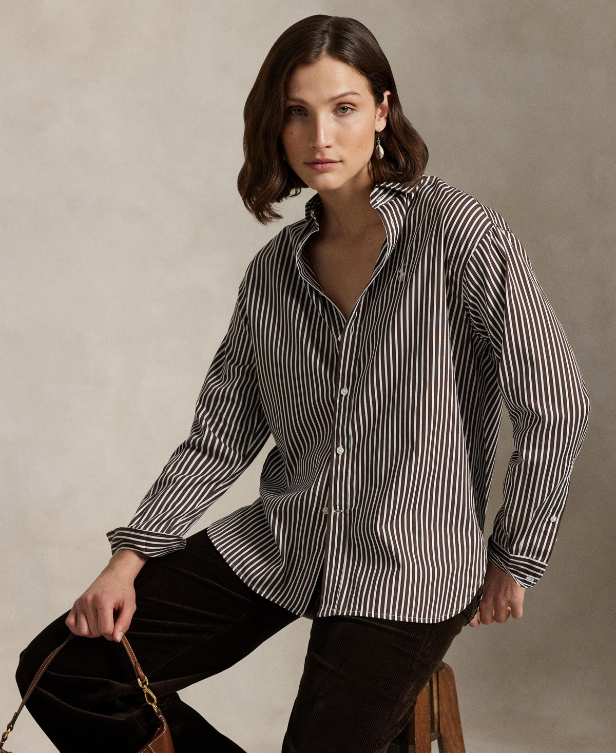 Polo Ralph Lauren Striped Cotton Poplin Blouse With Pointed Collar And Iconic Logo In Gray
