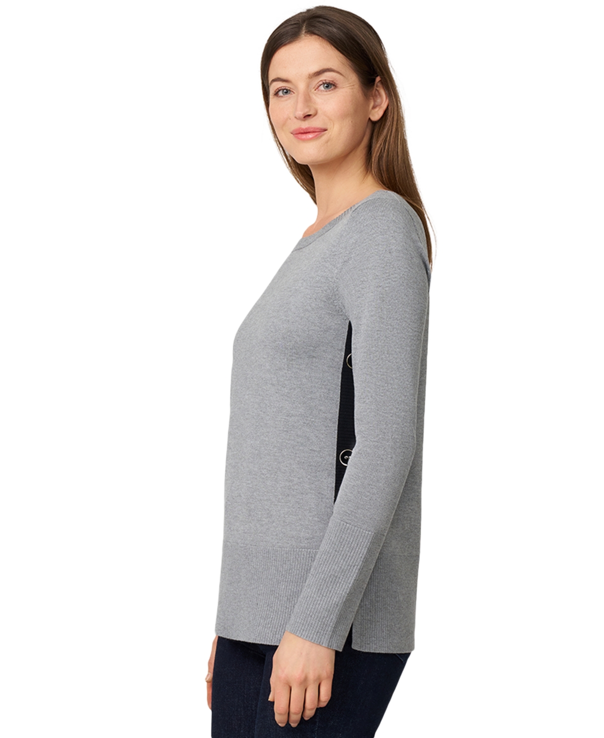 Melissa Paige Women's Contrast-trim Side-button Tunic Sweater In Gray