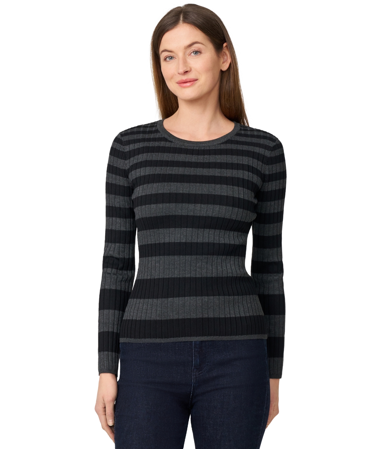 Women's Striped Ribbed Crewneck Sweater - Grey Black