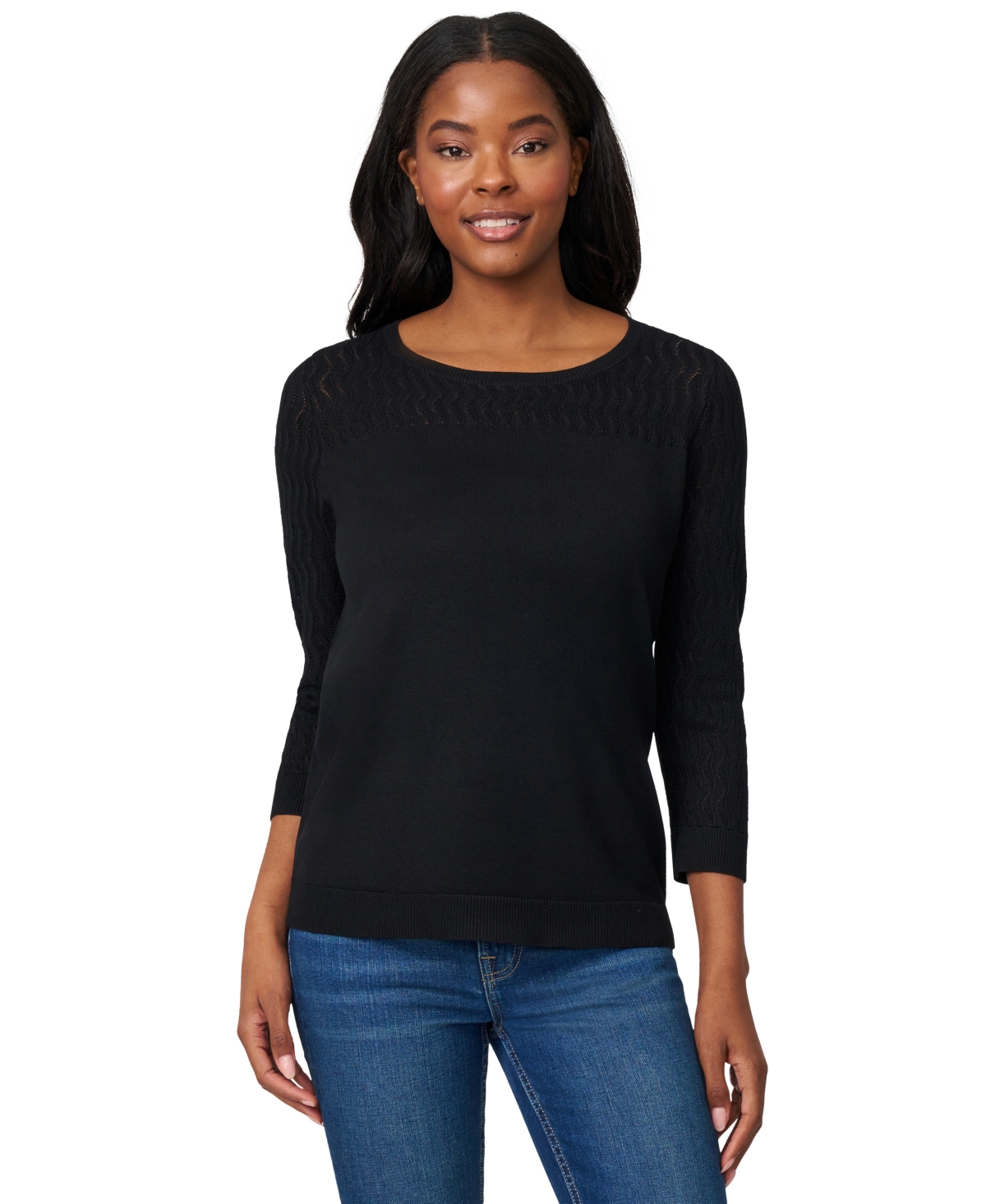 Women's Crewneck Pointelle 3/4-Sleeve Lightweight Sweater - Cabernet Red