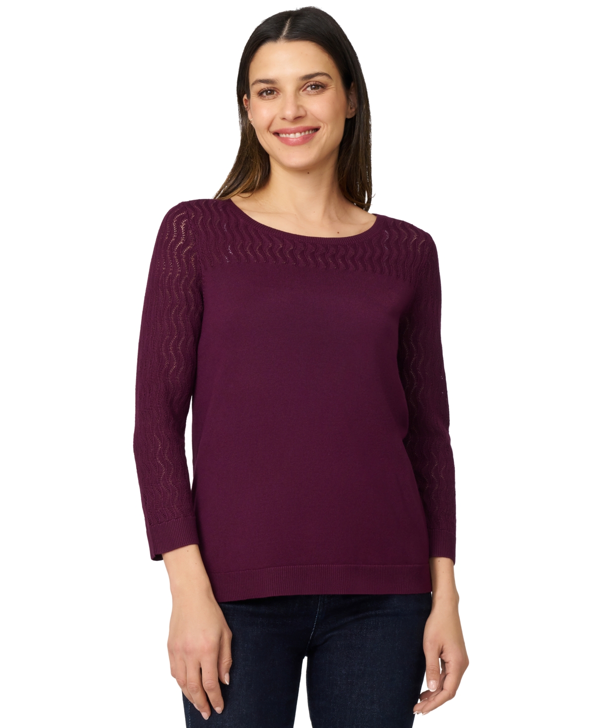 Women's Crewneck Pointelle 3/4-Sleeve Lightweight Sweater - Cabernet Red