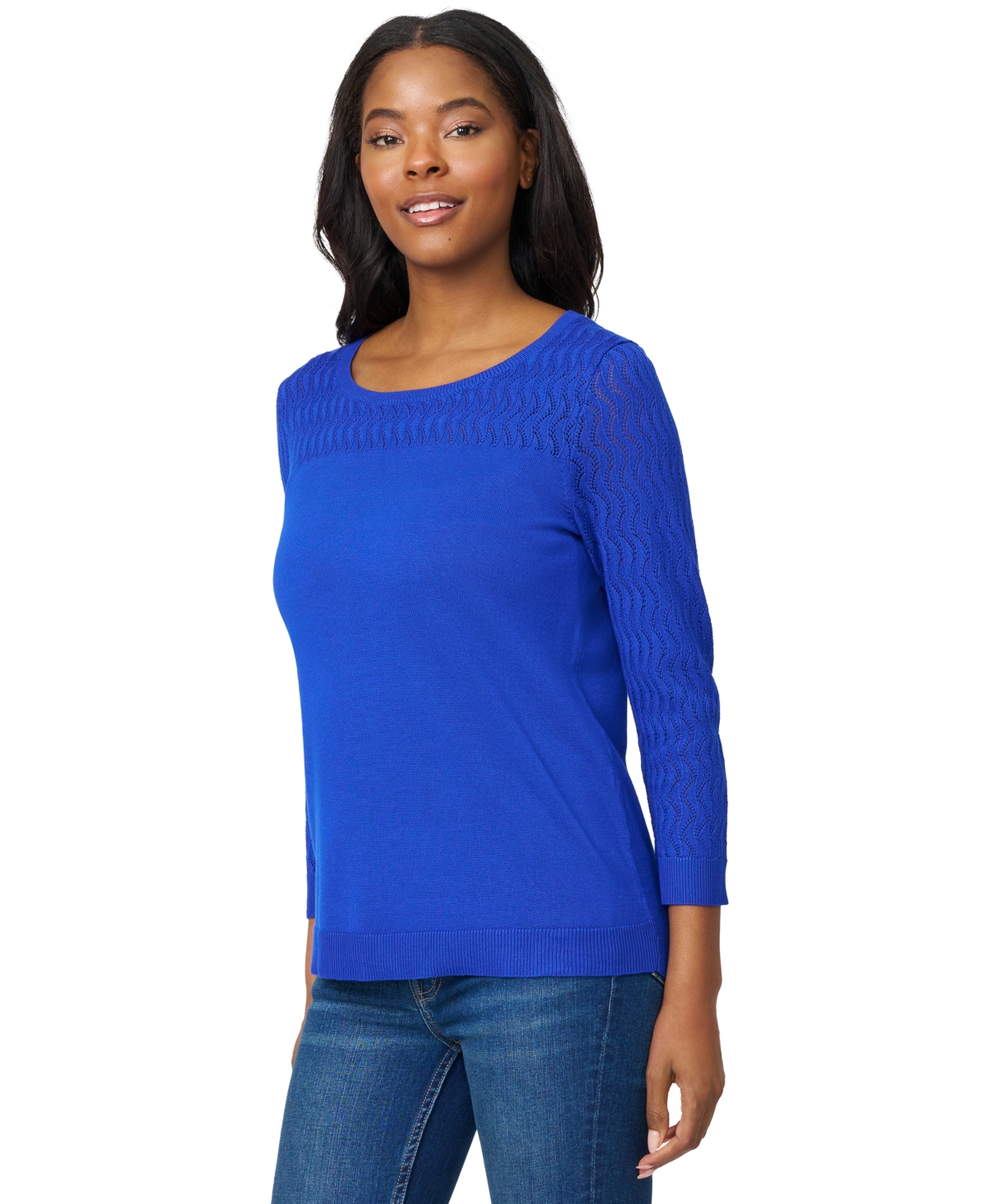 Women's Crewneck Pointelle 3/4-Sleeve Lightweight Sweater - Cabernet Red