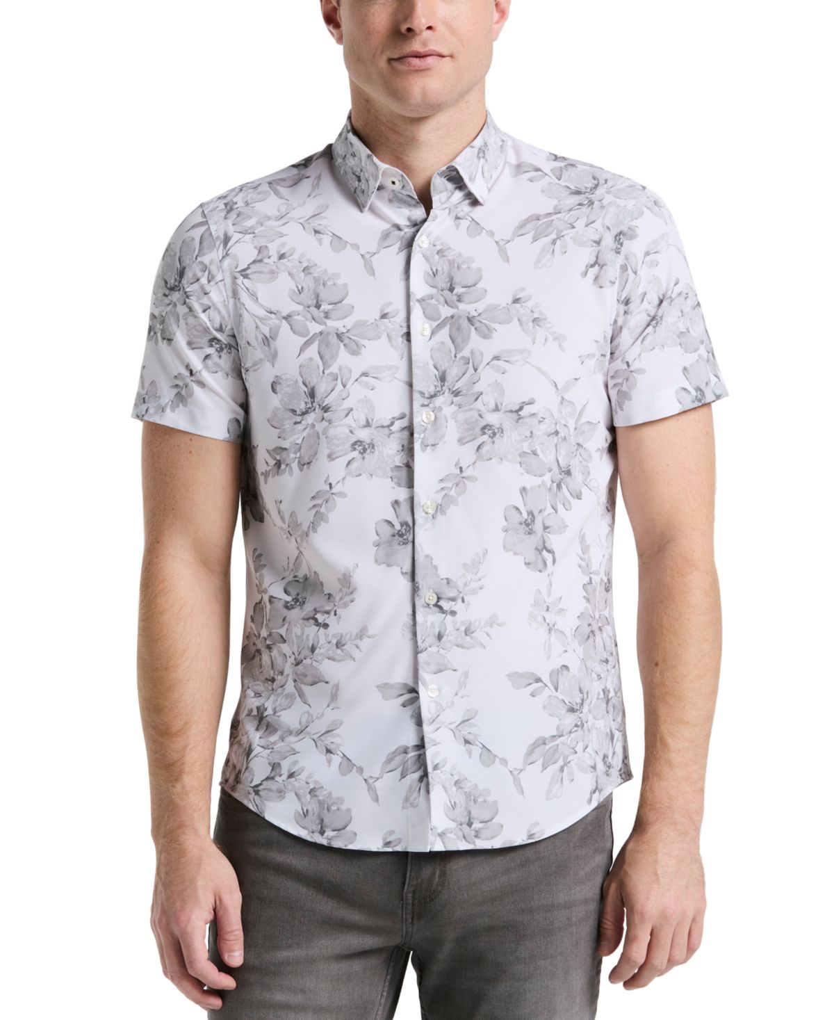 Мужская приталенная стрейчевая рубашка на пуговицах с цветочным рисунком