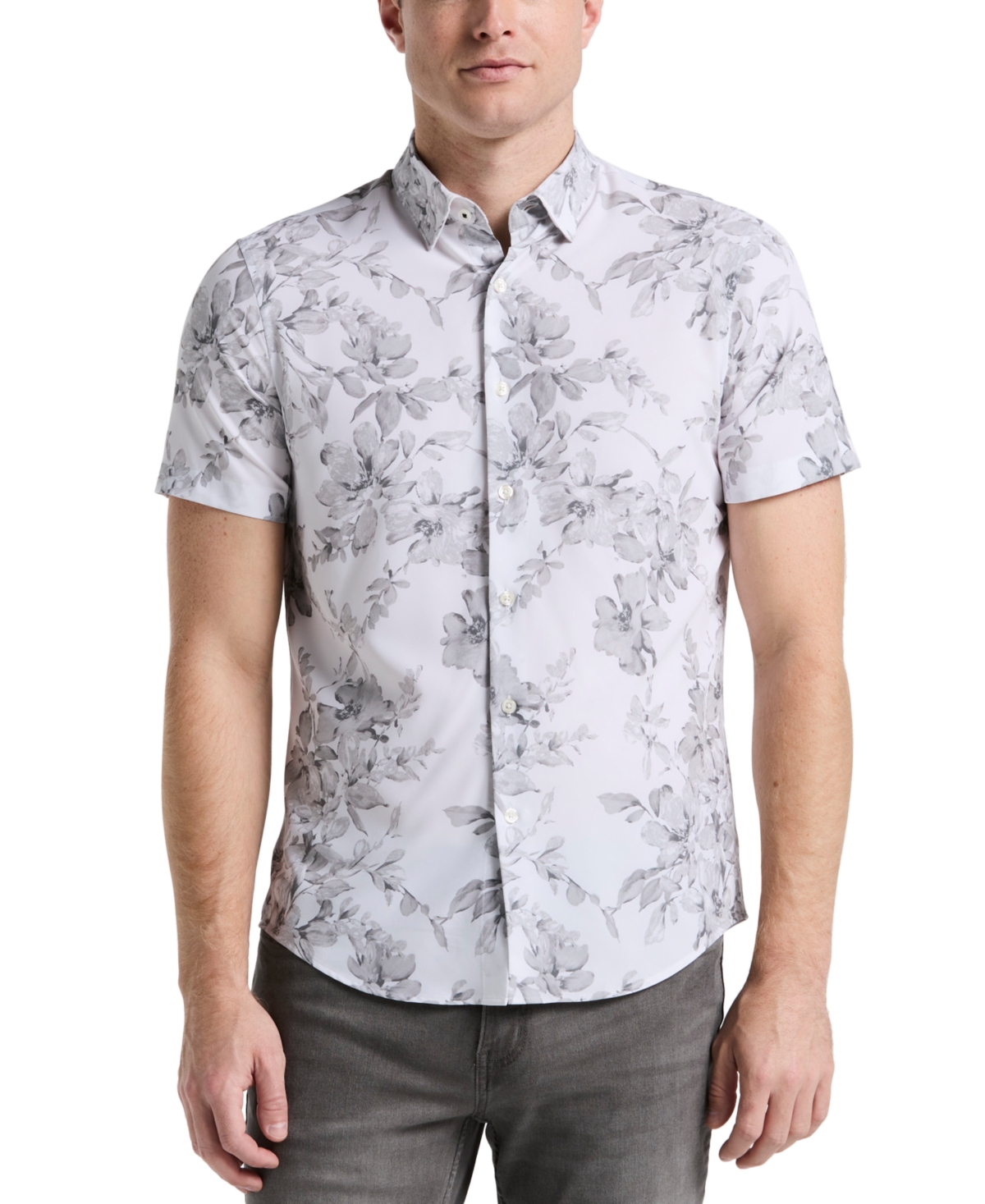 Men's Slim-Fit Stretch Floral Button-Down Shirt - Bright White