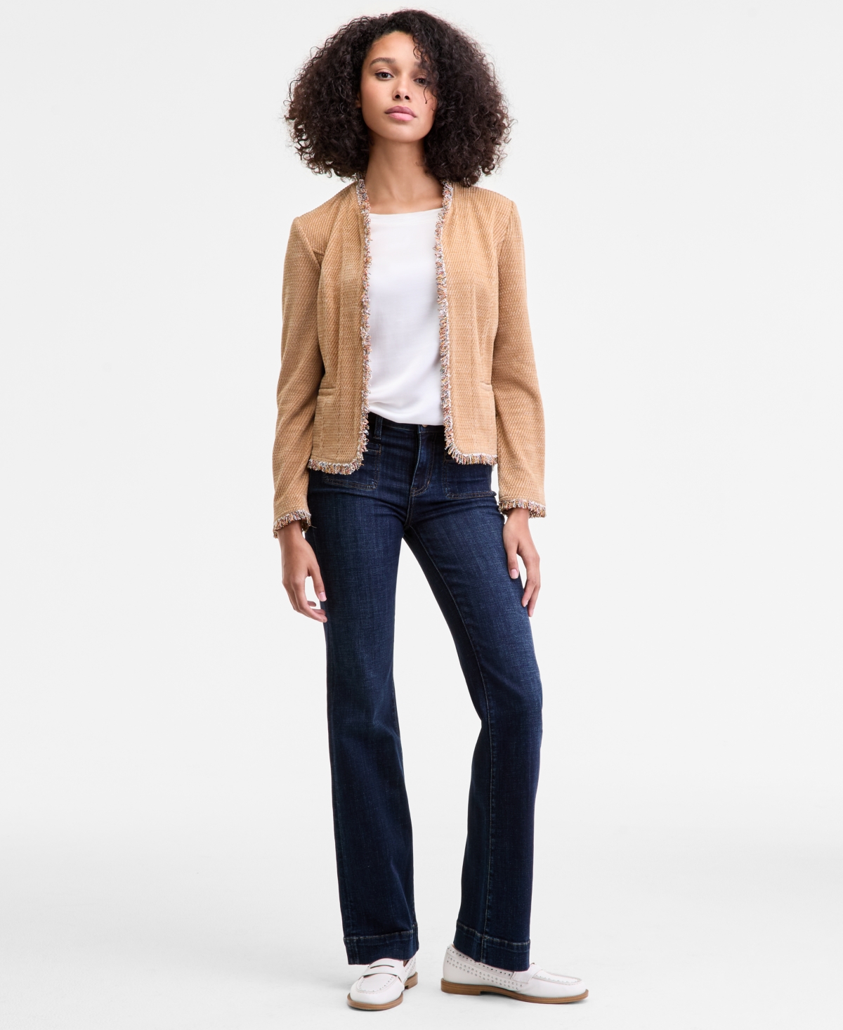 Liverpool Los Angeles Womens Collarless Fray Edge Jacket Sleeveless Woven To Knit Top Lucy Mid Rise Bootcut Jeans In Brown