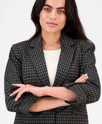 Petite Plaid One Button Notch-Collar Blazer 