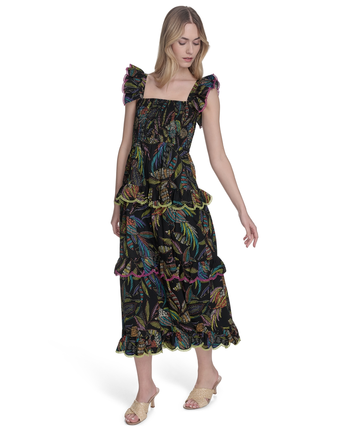 Vince Camuto Floral Ruffle Sleeve Cotton Midi Ssundress In Multi