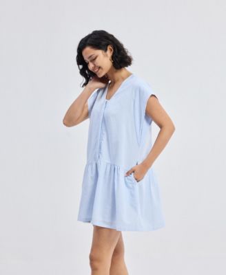 Women's Oversized V neck Short Dress with Frayed Sleeves