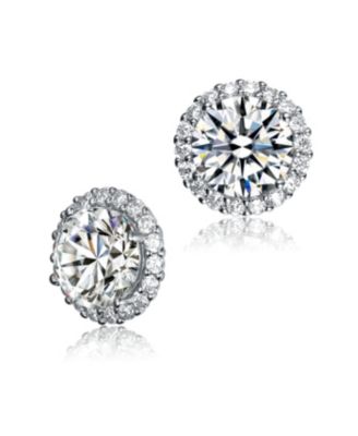Sterling Silver White Gold Plating with Clear Cubic Zirconia Button Stud Earrings