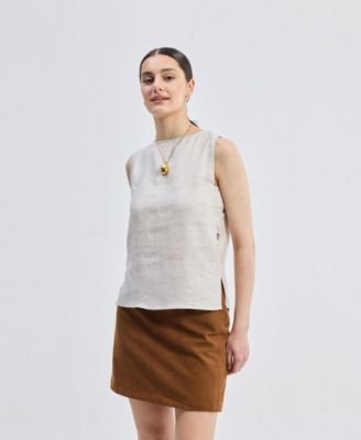 Women's Boat Neck Top in Checkered Linen