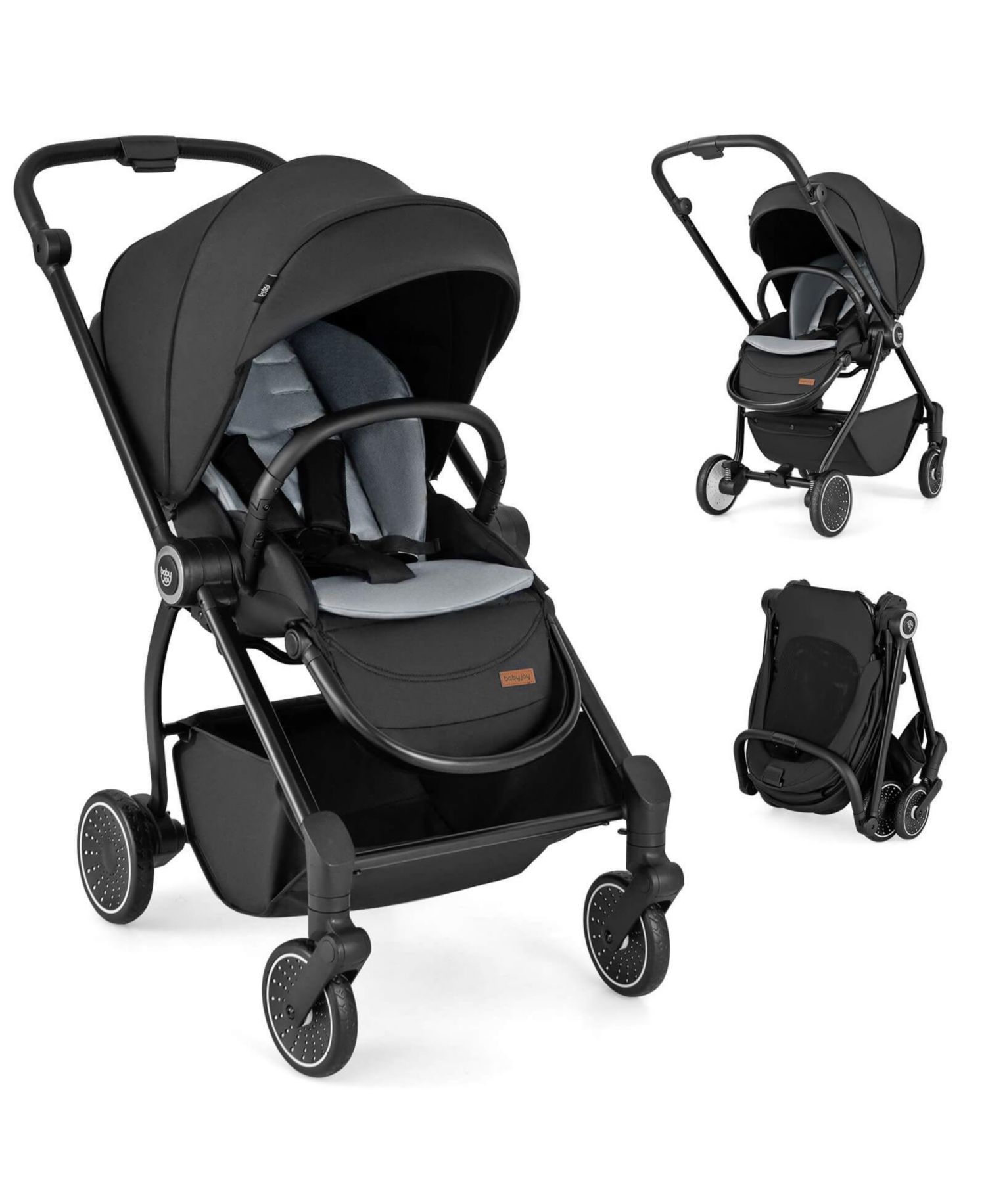 Baby Stroller Foldable Infant Pram with Reclining Backrest Handle