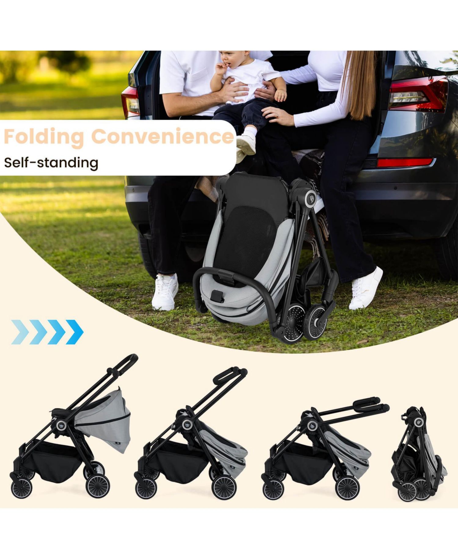 Baby Stroller Foldable Infant Pram with Reclining Backrest Handle