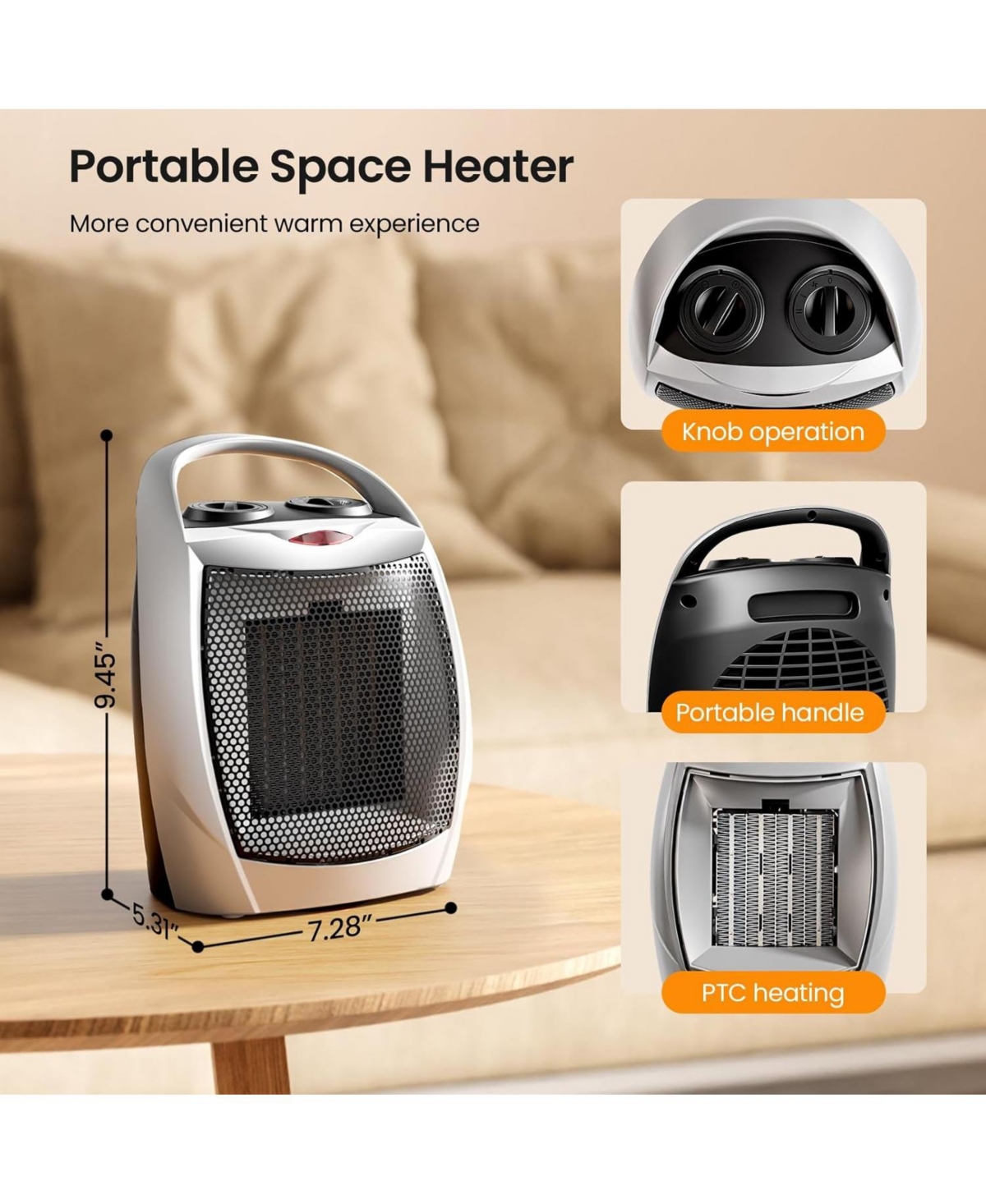 Zafro Portable Ceramic Space Heater, 750W/1500W Electric Heater with Thermostat, Overheat Protection, Quiet Fan for Home & Office