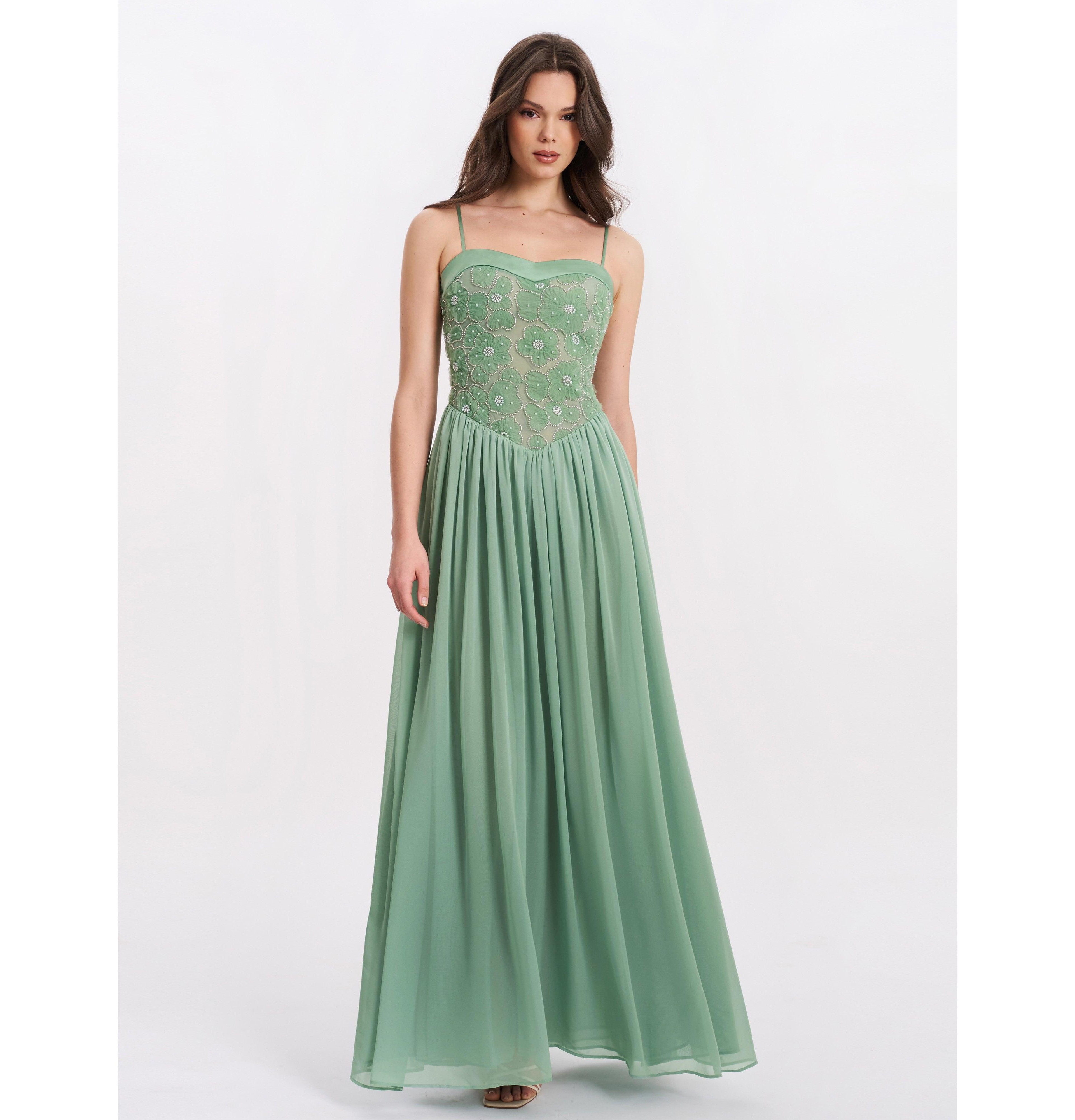 Miss Circle Women's Ucille Sage Green Embroidered Chiffon Maxi Dress