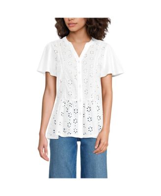 Women's Short Sleeve Mixed Media Eyelet Top