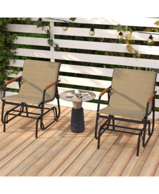 Patio Glider Chair Set of 2 with Curved Teak Armrests and Breathable Fabric Seat