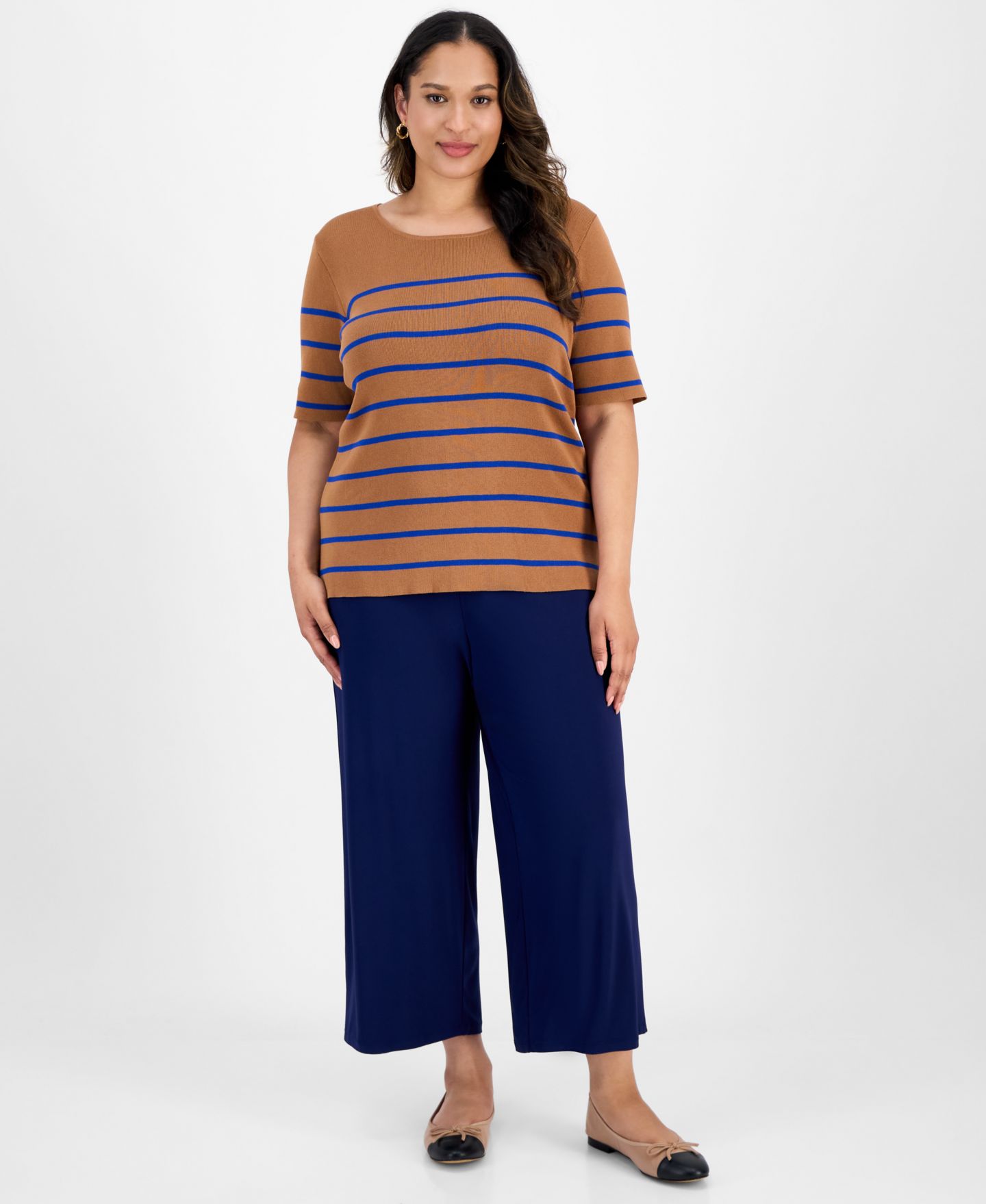 Женский топ Tahari ASL Plus Size Striped Short-Sleeve, цвет: Верблюжий королевский синий — фото 2