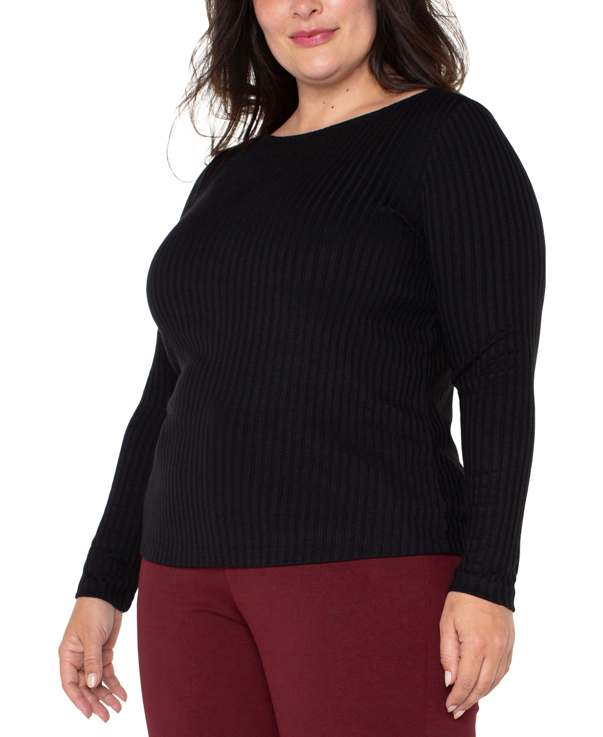 Liverpool Los Angeles Trendy Plus Size Ribbed Boatneck Top In Black