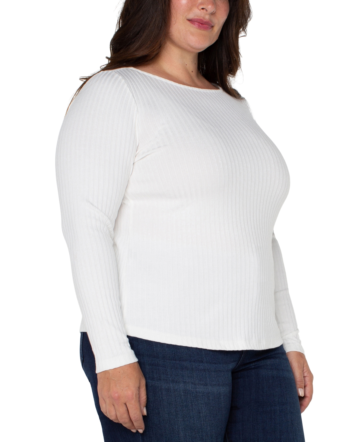 Liverpool Los Angeles Trendy Plus Size Ribbed Boatneck Top In White