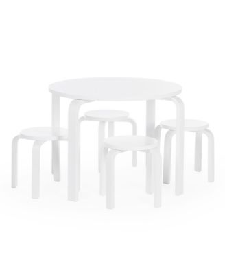 Kids' Nordic Table and Chairs Set - Natural: Wooden Round Classroom and Playroom Toddler Activity Table with 4 Stools