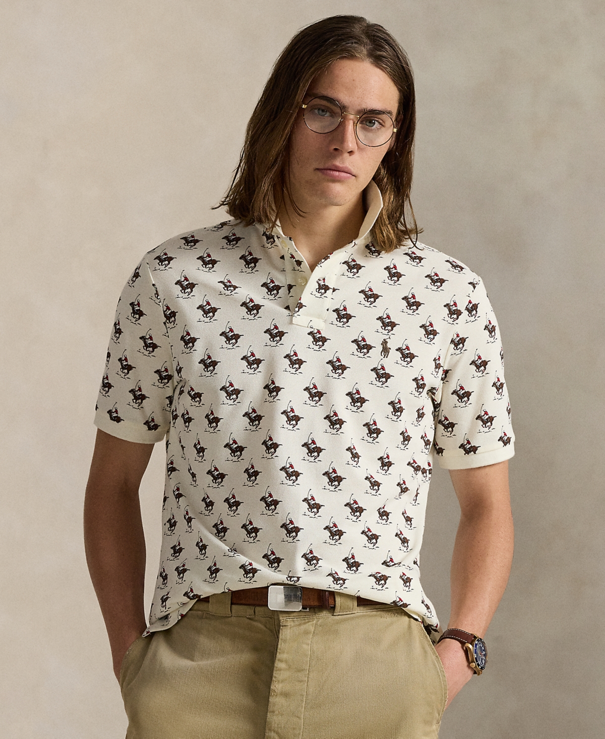 Men's Classic-Fit Equestrian Mesh Polo Shirt - Swinging Mallet-pale Cream