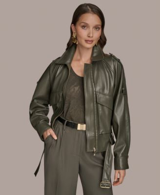 ジャケット・アウター DONNA KARRAN NEW YORK Black jacket Donna Karan New York Women's Asymmetric Leather Moto Jacket