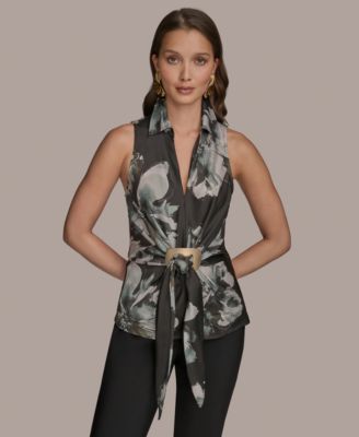 Women's Printed Sleeveless Faux-Wrap Hardware Top