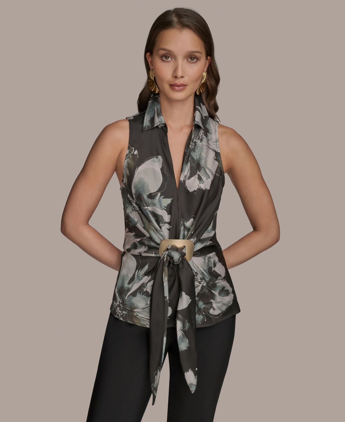 Women's Printed Sleeveless Faux-Wrap Hardware Top - Hudson Multi