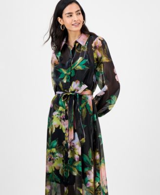 Women's Floral Chiffon Maxi Shirtdress 