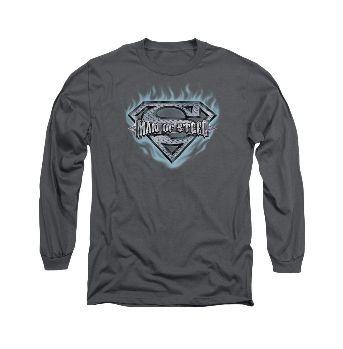 Men's Man Of Steel Shield Long Sleeve Adult Tee / T-Shirt - Charcoal