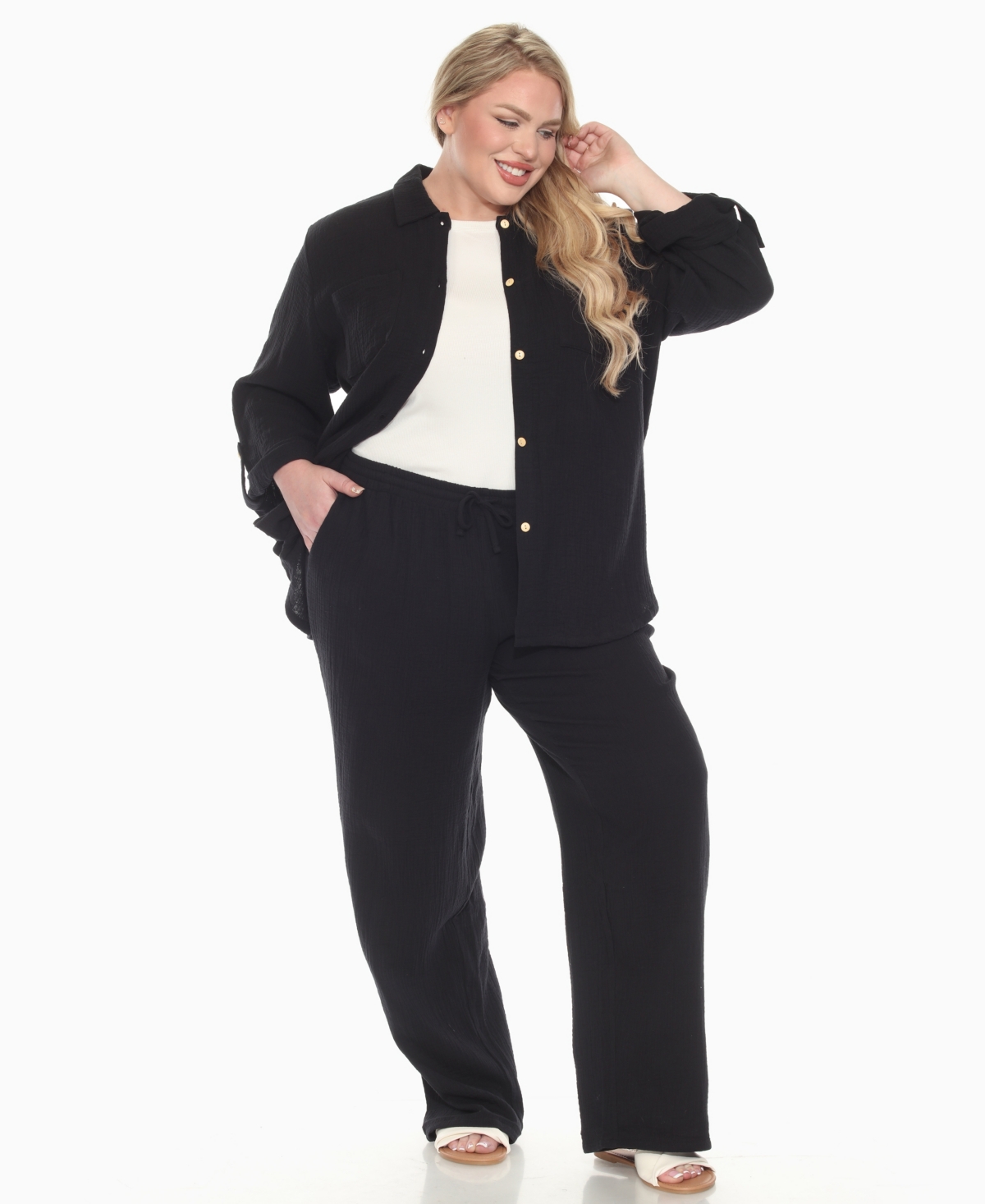 White Mark Plus Size Long Sleeve Button Down Cotton Gauze Set In Black