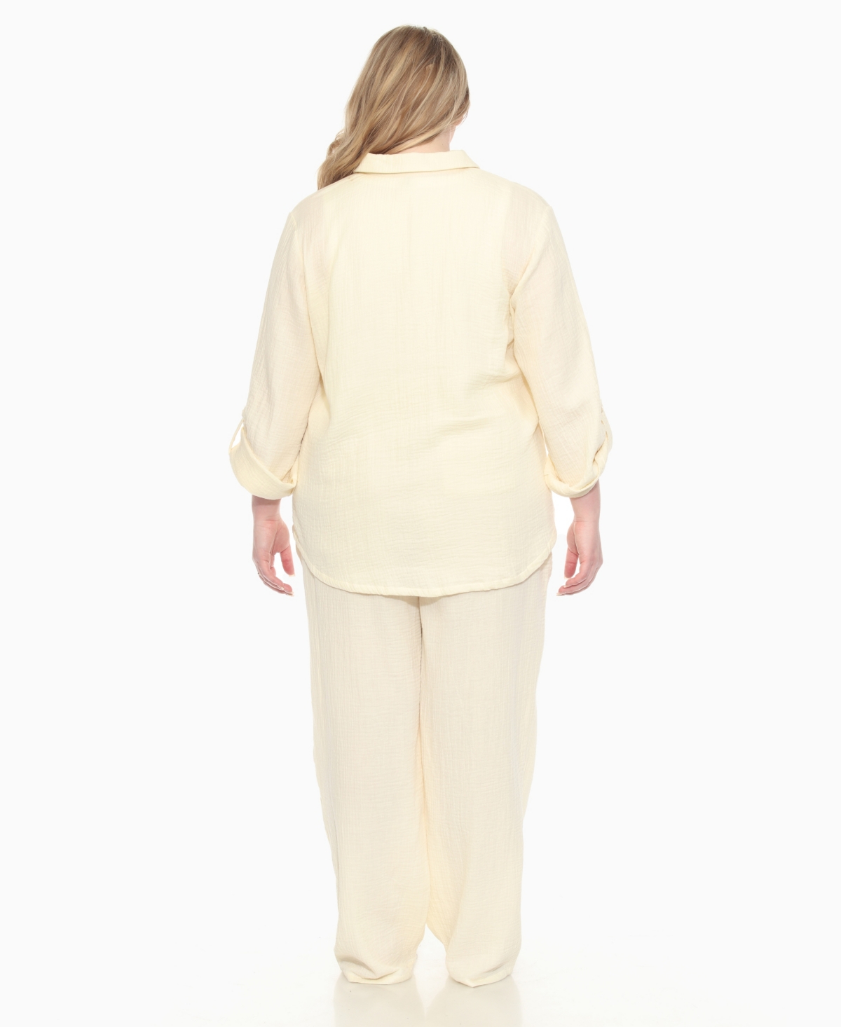 White Mark Plus Size Long Sleeve Button Down Cotton Gauze Set In White