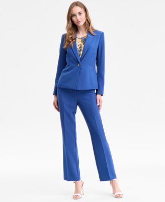 Single Button Blazer Pleated Neck Top Flare Pants